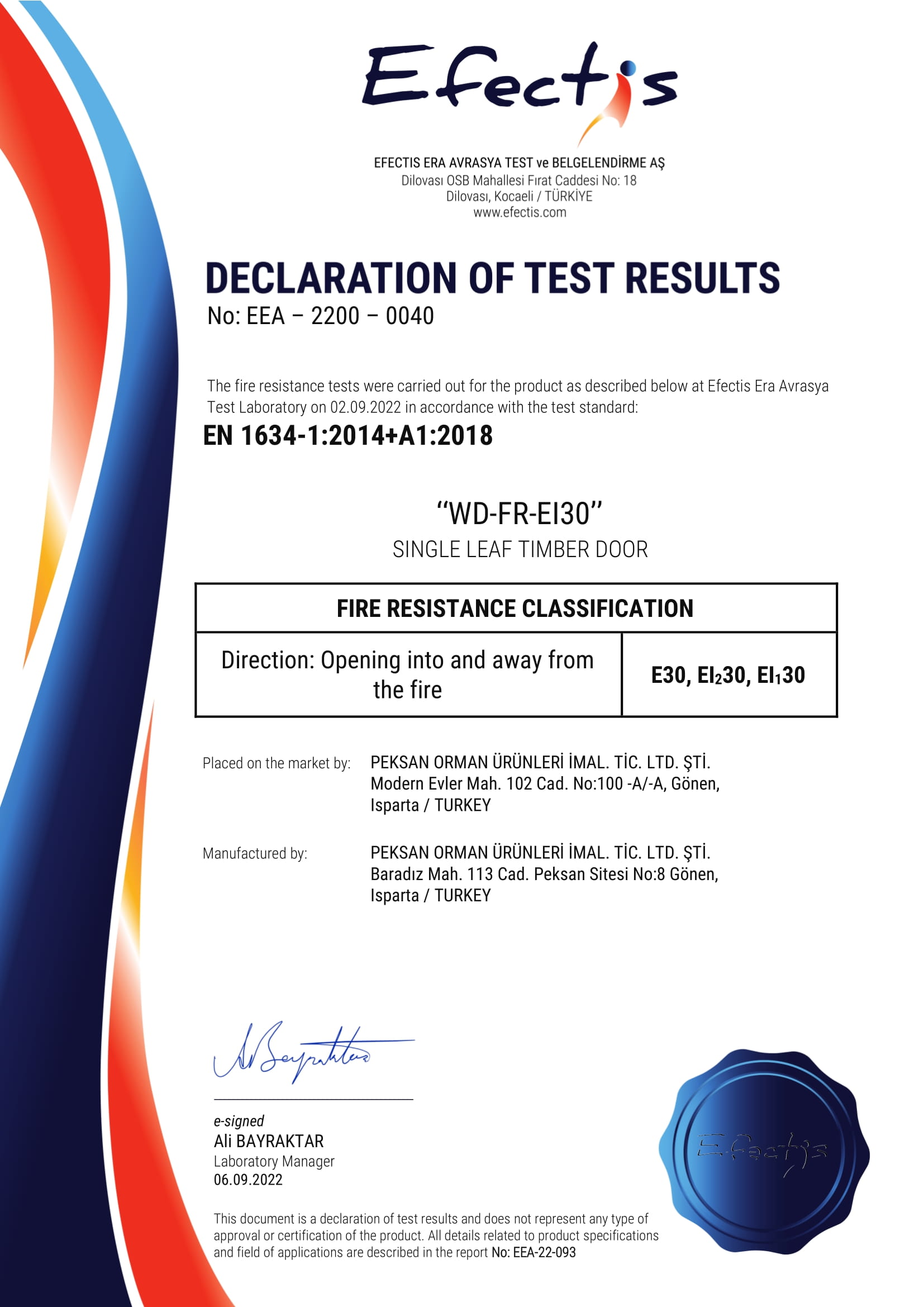 DECLARATION OF TEST RESULTS